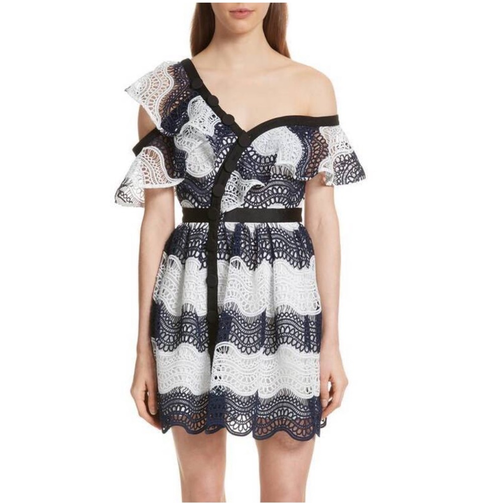 Pre-loved Self-portrait Navy Blue & White Wave Stripe Lace Frill Off Shoulder